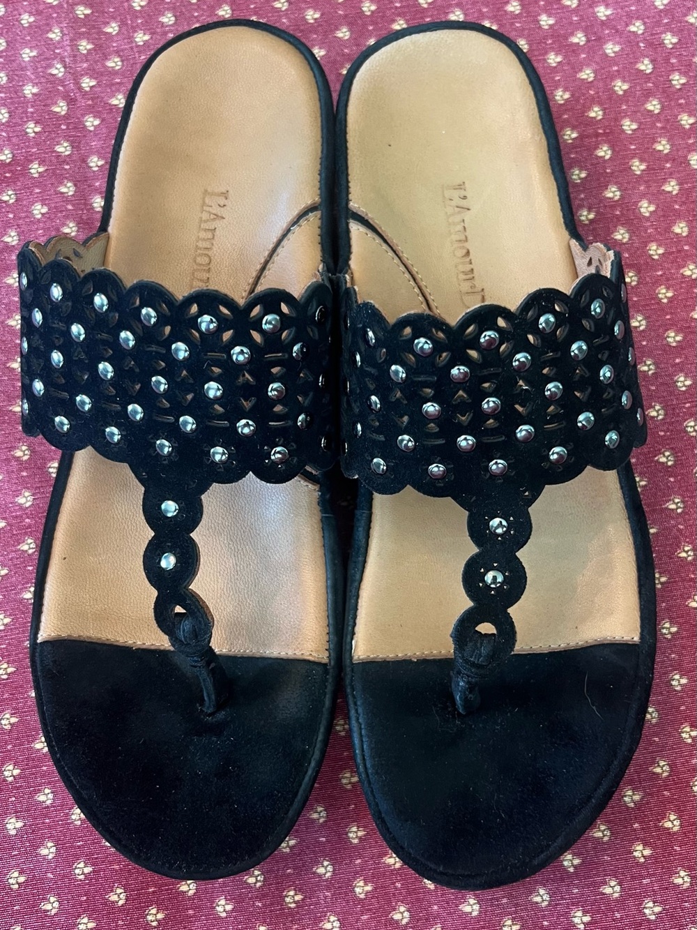 L’Amour DesPieds Black Scalloped metal Stud Thong Sandals